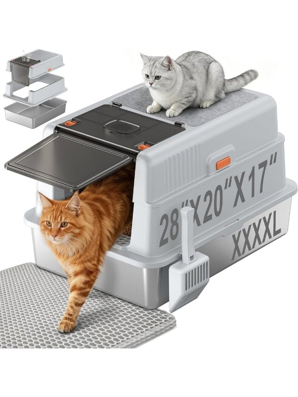 Extra Large Stainless Steel Litter Box with Lid, High Sided for Multi-Cats, Grey